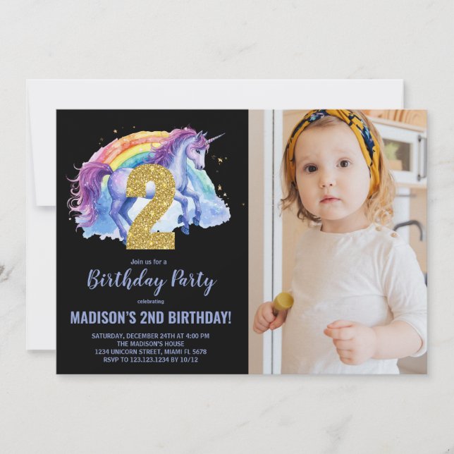 2e Rainbow Unicorn Birthday Invitations photo (Devant)