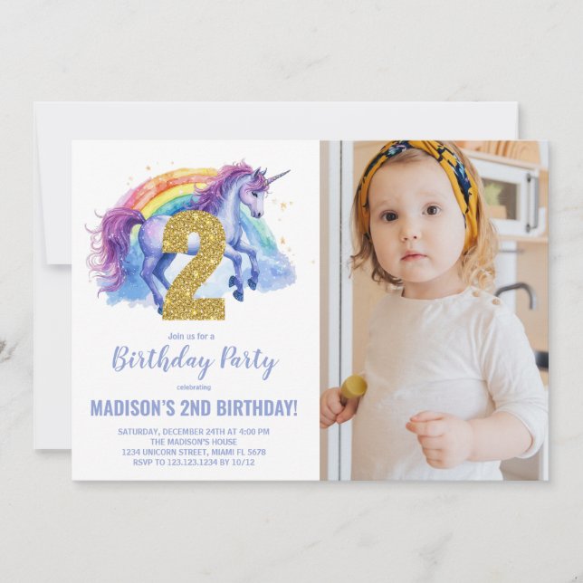 2e Rainbow Unicorn Birthday Invitations photo (Devant)