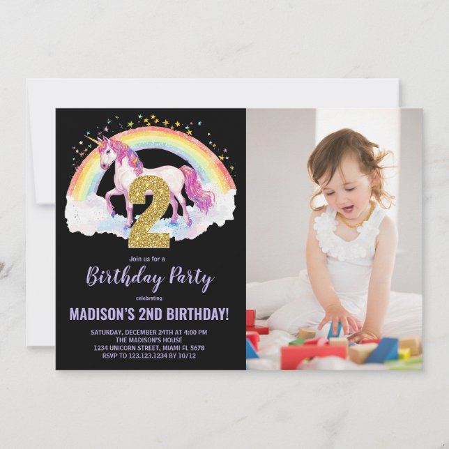 2e Rainbow Unicorn Birthday Invitations photo (Devant)