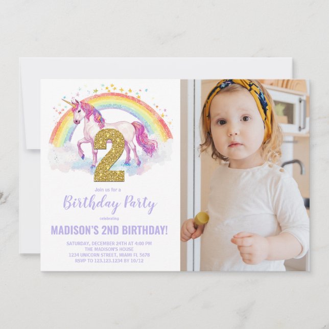 2e Rainbow Unicorn Birthday Invitations photo (Devant)