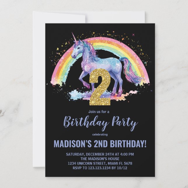 2e Rainbow Unicorn Invitations d'anniversaire (Devant)