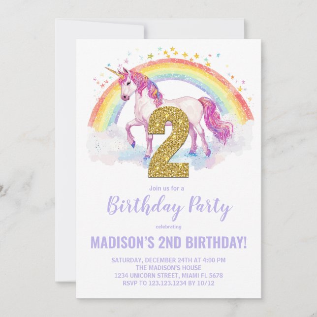 2e Rainbow Unicorn Invitations d'anniversaire (Devant)