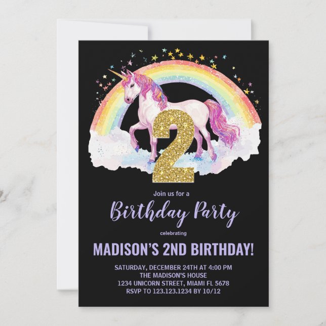 2e Rainbow Unicorn Invitations d'anniversaire (Devant)