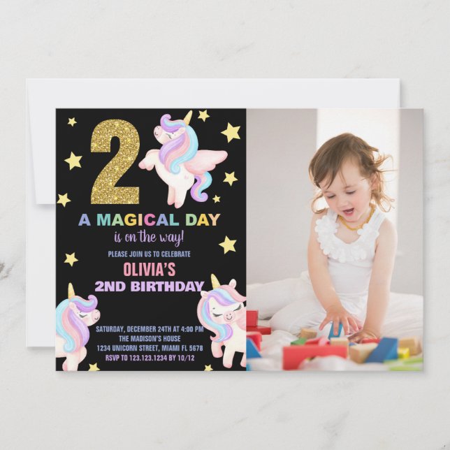 2e Rainbow Unicorn Invitations d'anniversaire avec (Devant)