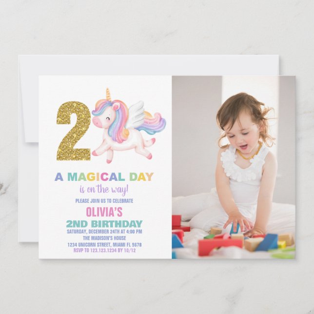 2e Rainbow Unicorn Invitations d'anniversaire avec (Devant)
