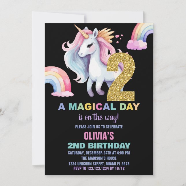 2ème Rainbow Unicorn Birthday Invitations watercol (Devant)
