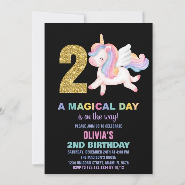 2ème Rainbow Unicorn Invitations Anniversaire Noir (Devant)
