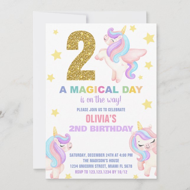 2ème Rainbow Unicorn Invitations Anniversaire Vol (Devant)