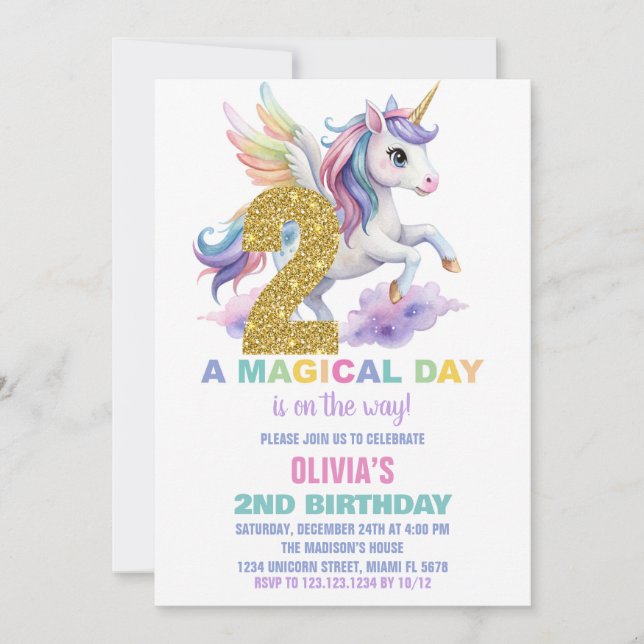 2ème Rainbow Unicorn Invitations Anniversaire Vol (Devant)
