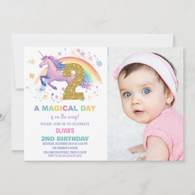 2ème Unicorn Invitations d'anniversaire avec photo (Devant)