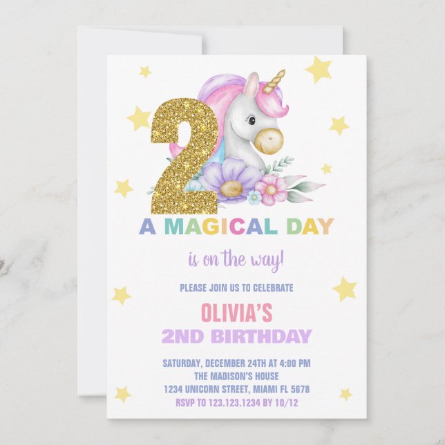 2ème Unicorne Florale Invitations Anniversaires (Devant)