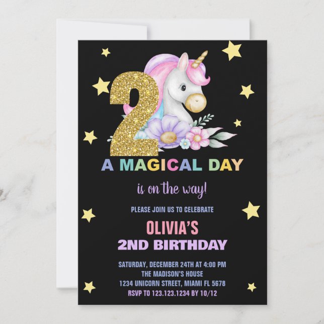 2ème Unicorne Florale Invitations Anniversaires (Devant)