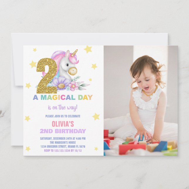 2ème Unicorne Florale Invitations d'anniversaire a (Devant)
