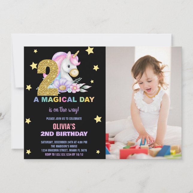 2ème Unicorne Florale Invitations d'anniversaire a (Devant)