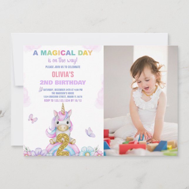 2ème Unicorne Florale Invitations d'anniversaire a (Devant)