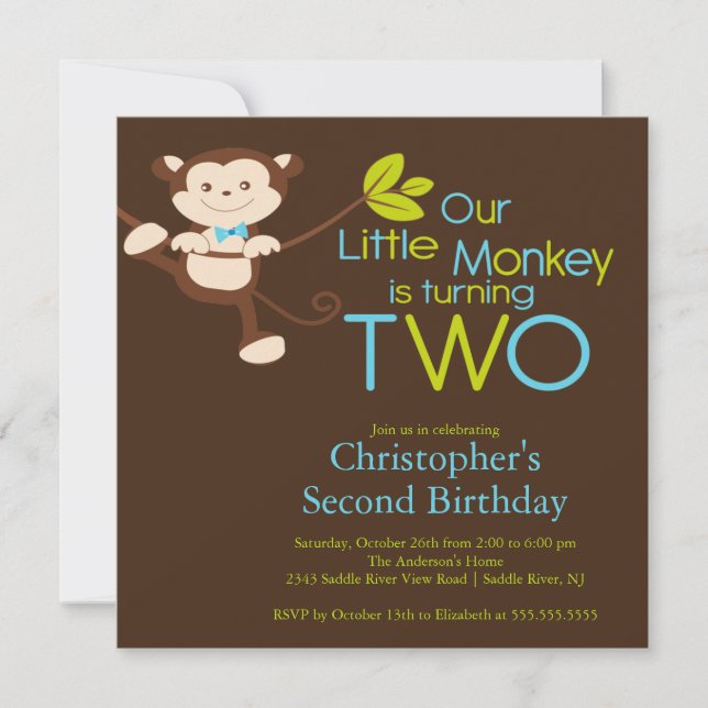 2èmes invitations de fête d'anniversaire de singe (Devant)