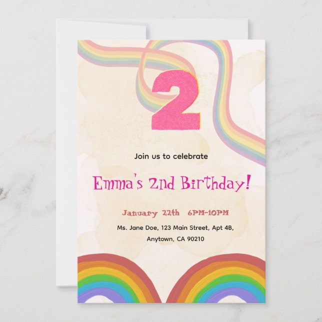 2nd Birthday Invitation Girl Editable Rainbow (Devant)