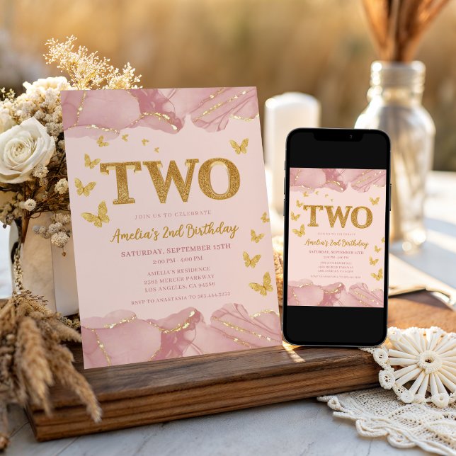 2nd Birthday Invitation Pink Gold Glitter Girl (Créateur téléchargé)