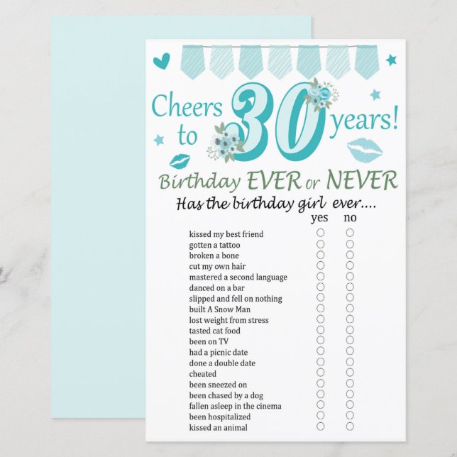 30 e anniversaire Jeu jamais ou jamais (Devant / Derrière)