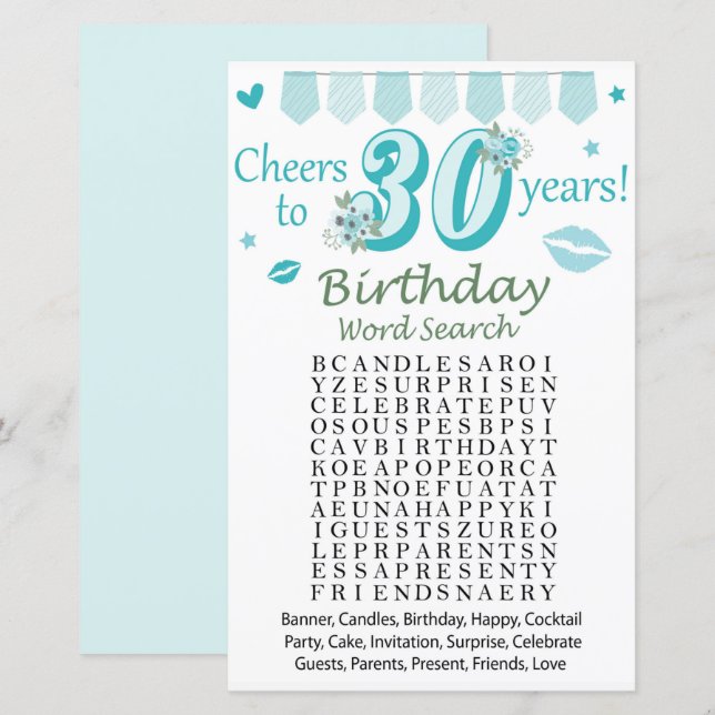 30 e Anniversaire Mot de recherche Jeu (Devant / Derrière)