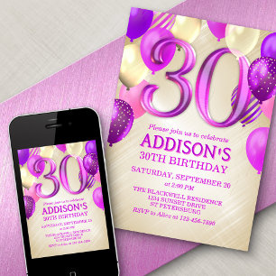 30e anniversaire Ballons roses Invitation