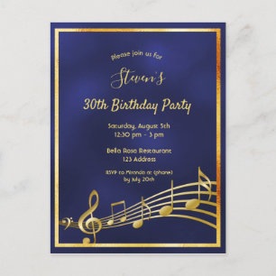 30e anniversaire bleu or musique notes invitation