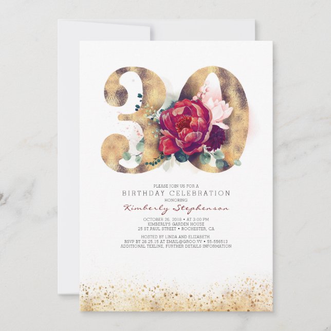 30e anniversaire Bourgogne Gold Floral Invitation (Devant)