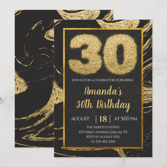 30e Anniversaire de marbre noir d'or Invitation (Devant / Derrière)
