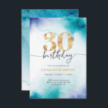 30e anniversaire Eau turquoise invitation<br><div class="desc">Une invitation simple mais élégante à 30e anniversaire avec de l'aquarelle Turquoise et des feuilles d'or faux. Autres âges et arrière - plans également disponibles © Mini Moi Prints</div>