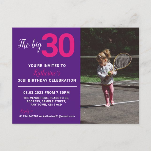 30e anniversaire Invitation Carte photo pourpre (Devant)