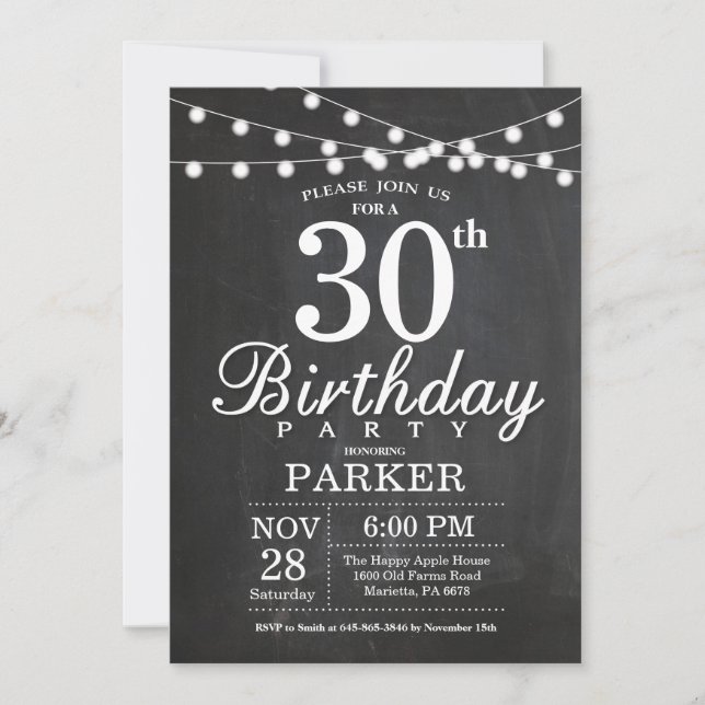 30e anniversaire Invitation Chalkboard lumières (Devant)