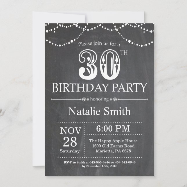 30e anniversaire Invitation Chalkboard lumières (Devant)