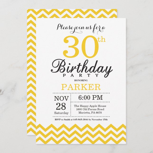30e anniversaire Invitation Chevron Jaune (Devant / Derrière)