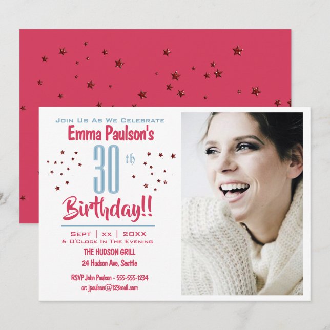 30e Anniversaire - Invitation de fête photo - Étoi (Devant / Derrière)