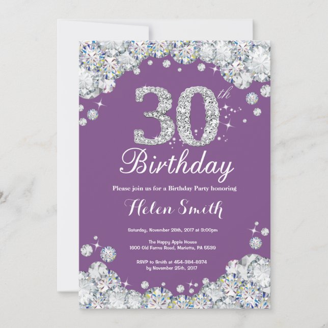 30e anniversaire Invitation Diamant violet et arge (Devant)