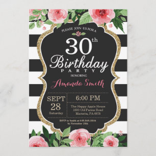30e anniversaire Invitation Femmes. Or floral noir