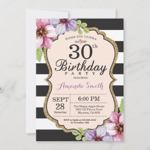 30e anniversaire Invitation Femmes. Or floral noir