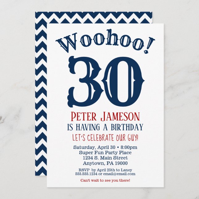 30e anniversaire Invitation Mens Marine Bleu (Devant / Derrière)