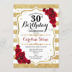 30e anniversaire Invitation or White Stripes Roses
