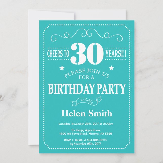 30e anniversaire Invitation Turquoise et blanche (Devant)