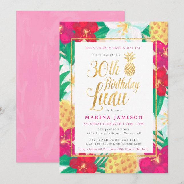 30e anniversaire Luau Invitations | Rose & Or (Devant / Derrière)