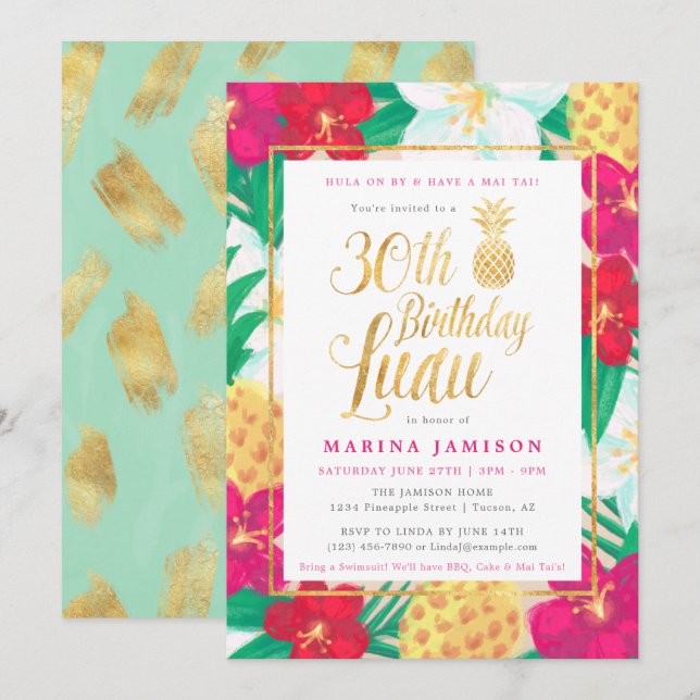 30e anniversaire Luau Invitations | Rose & Or (Devant / Derrière)