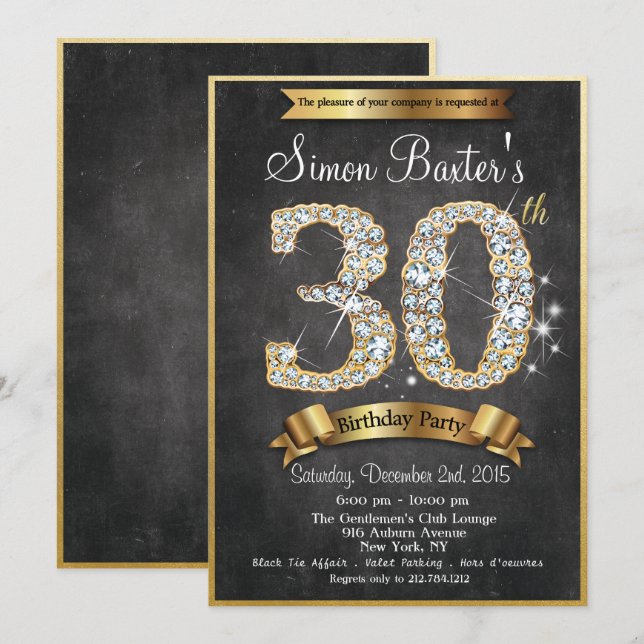 30e Gold Diamond Chalkboard Invitation d'anniversa (Devant / Derrière)