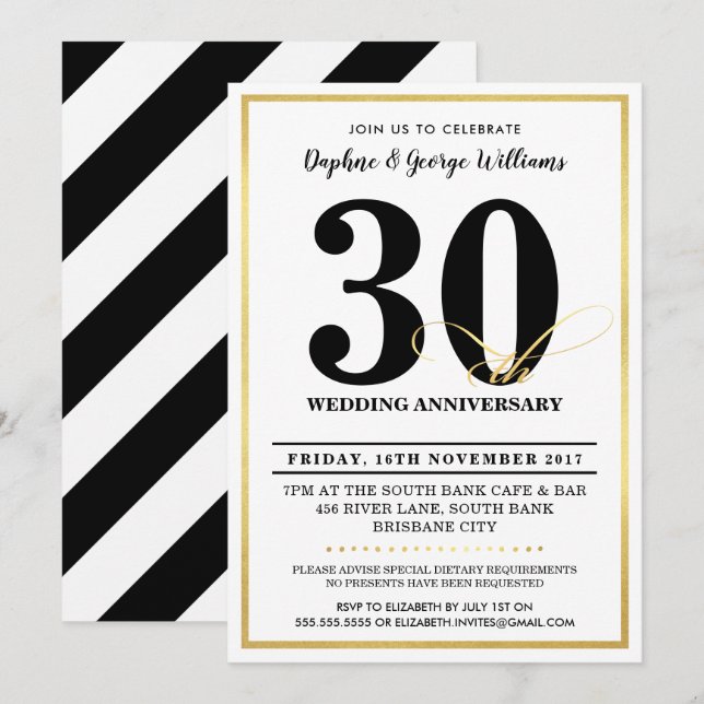 30ÈME ANNIVERSAIRE DE MARIAGE CARTES D'INVITATION  (Devant / Derrière)