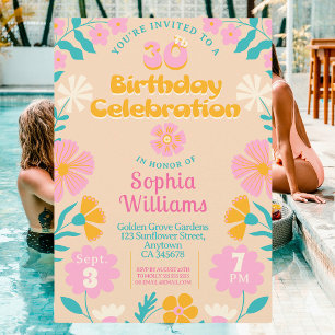 30ème Retro Peach Floral Invitation d'anniversaire