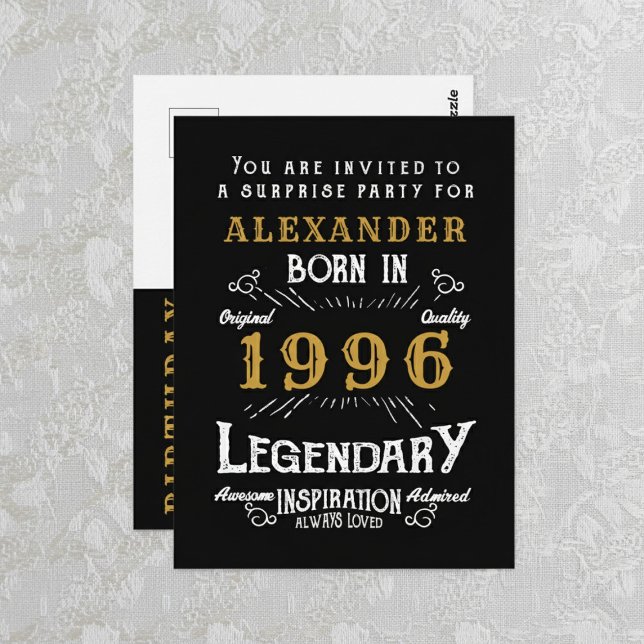 30th Birthday 1996 Black Gold Legend Invitation (1996 birthday invitation  postcard. Background white lace.)