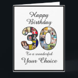 30th Birthday Party Happy 30 Modèle de texte photo<br><div class="desc">Le recto de cette carte de voeux classique à thème 30ème anniversaire comporte le numéro "30" rempli de 12 de vos photos. Le message "Joyeux anniversaire" est placé en haut avec les deux ensembles de texte inférieurs que vous pouvez personnaliser. Faites-en une carte personnalisée unique pour votre meilleur ami, fille,...</div>