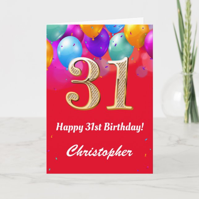 31e Anniversaire Carte Ballons rouge et or (Devant)