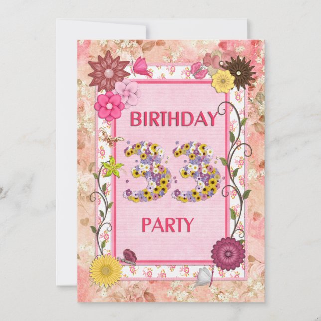 33e anniversaire invitation fête avec cadre fleuri (Devant)