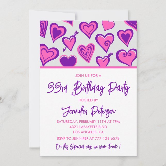 33e anniversaire invitation Glam Pink Heart (Devant)